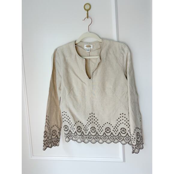 Talbot's 100% Linen Long Sleeve Lace Trimmed Top Size 4 - Picture 1 of 8